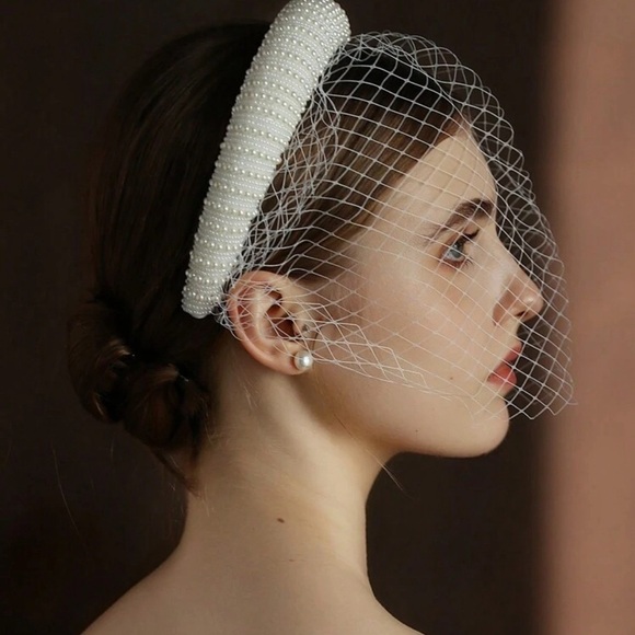 French Netting Birdcage Headband Veil with Pearl main image 5
